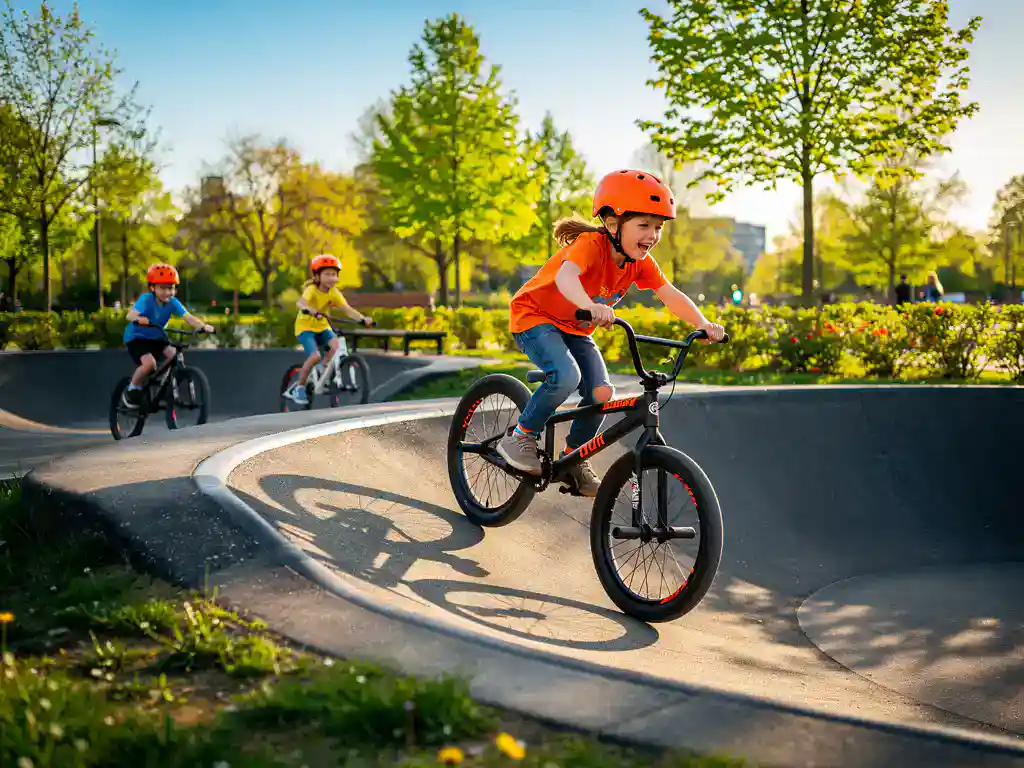BMX-rijder carft een gebankeerde bocht op een asfalt pumptrack in een zonnig stadspark, lachende kinderen op de achtergrond.
