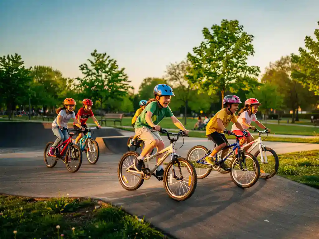 Des enfants, casqués de couleurs vives, rient et font du vélo sur une piste de pumptrack asphaltée dans un parc urbain, entourés d'arbres verdoyants sous le soleil de l'après-midi.