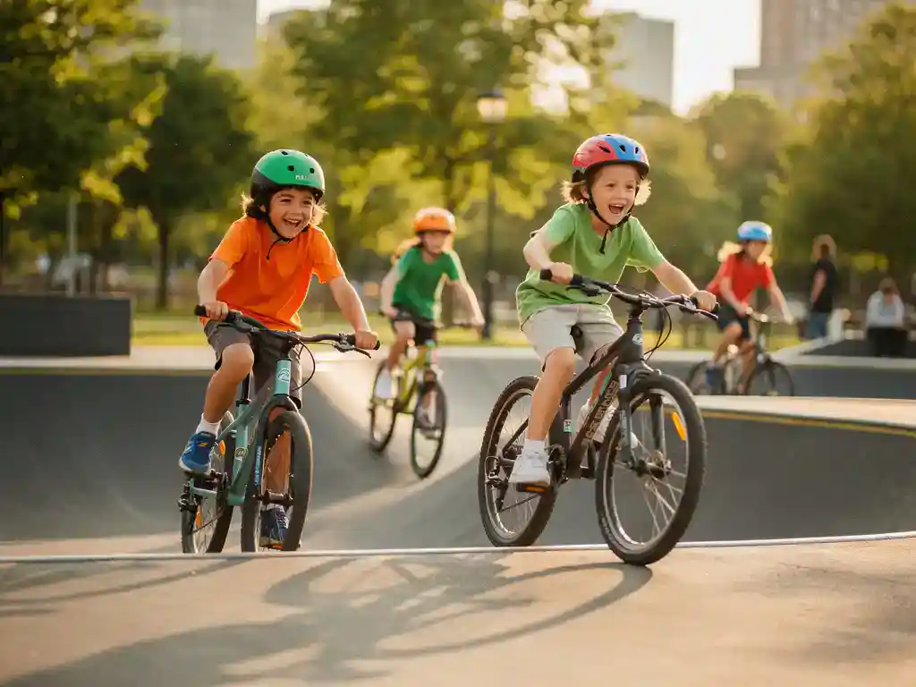 Kinderen met kleurrijke helmen lachen en fietsen op een asfalt pumptrack in een stadspark, omgeven door groene bomen in middagzon.