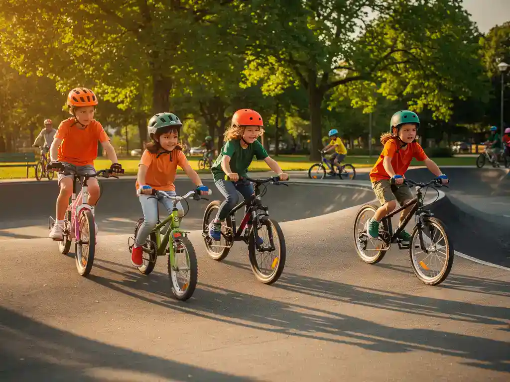 Des enfants de 6 à 12 ans font du vélo et de la trottinette sur une piste de pumptrack asphaltée dans un parc municipal, sous le soleil doré de l'après-midi.