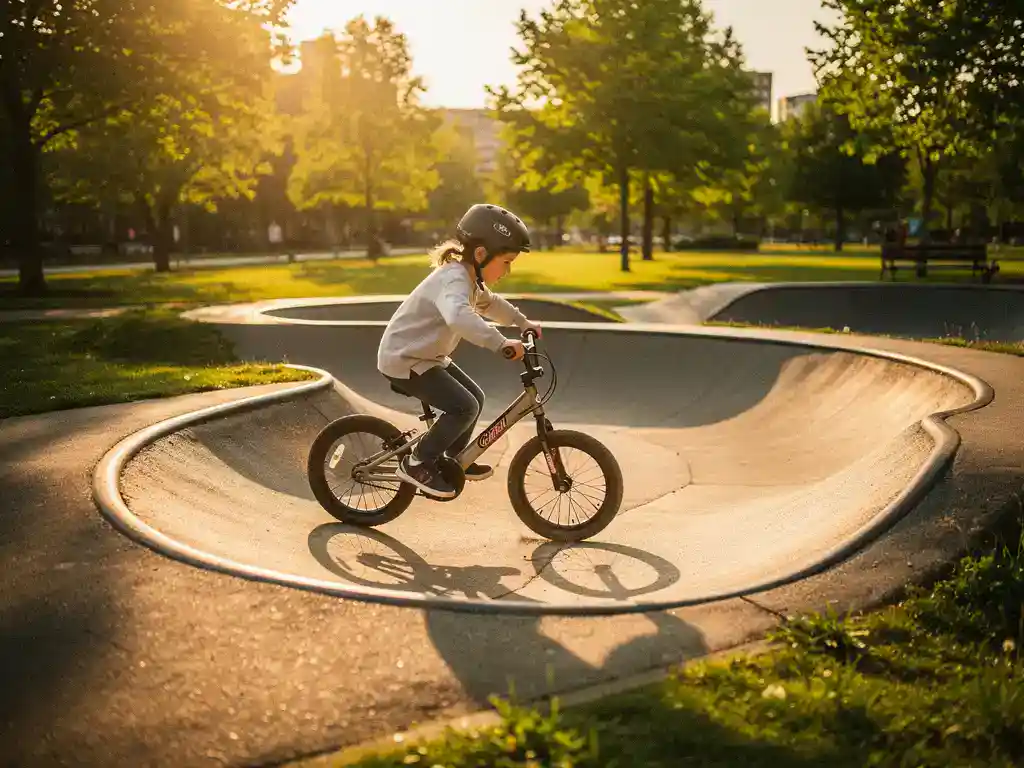 Klein kind op loopfiets rijdt door bochten van een asfalt pumptrack in een zonnig stadspark, warme middagzon.