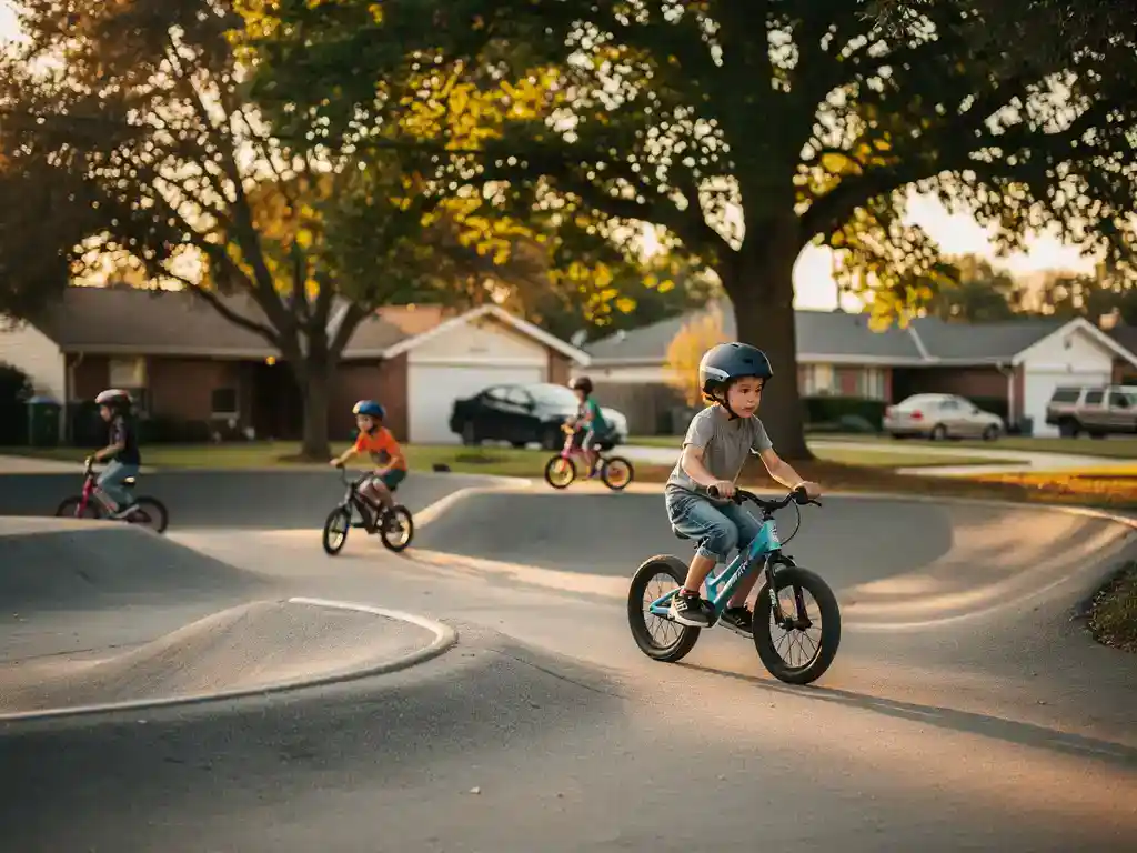 Kinder auf Laufrädern und Rollern in einer Wohnstraße mit integrierter Pumptrack-Anlage, Nachmittagssonne durch das Blätterdach gefiltert.