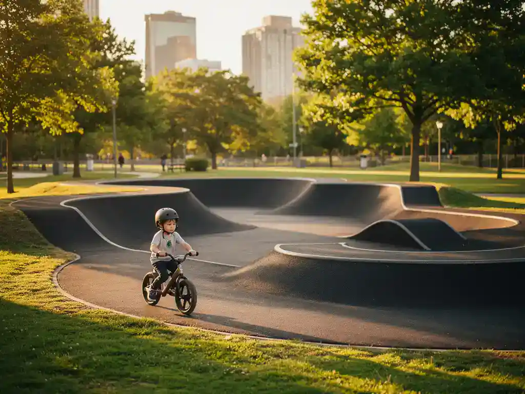 Kind op loopfiets rijdt over een verse asfalt pumptrack in een zonnig stadspark, met bermen en rollers in warm middaglicht.