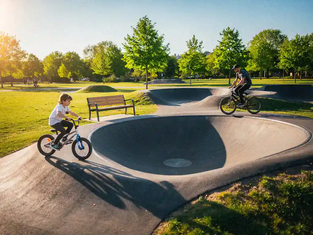 Kind op loopfiets en tiener op BMX rijden samen over een asfalt pumptrack in een zonnig stadspark met groene bomen.