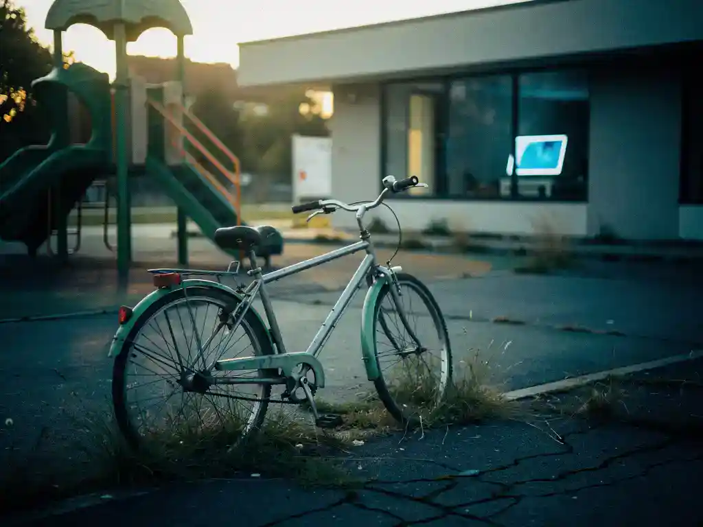 Verlaten fiets op een leeg speelplein met gebarsten asfalt en overwoekerd gras, terwijl blauw tablettlicht door een raam naar buiten schijnt.